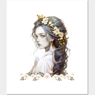 a girl with long hair and flowers in her hair Posters and Art